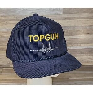 Vintage Top Gun F-14 Stitching Zip Strap Back Blue Corduroy Rope Hat Cap VGC